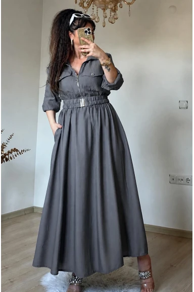 Yaka Cepli Spor Elbıse Gri