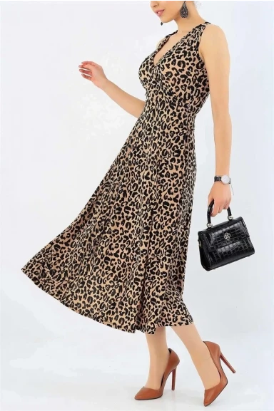 Sıfır Kol Leopar Krep Elbise