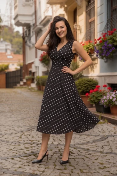 Sıfır Kol Puanlı Krep Elbise