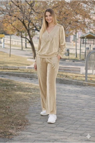 Angel Kadife Taşlı Takım Anne Krem