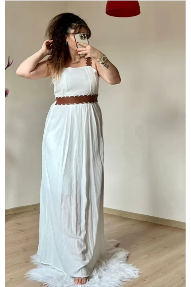Askılı Deri Kemerli Elbise Beyaz
