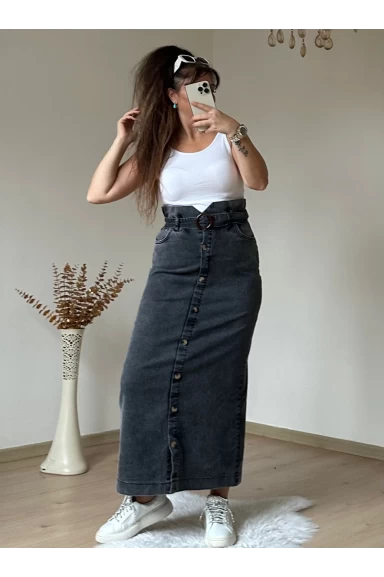Bel Detaylı Dar Kot Etek Koyu Füme