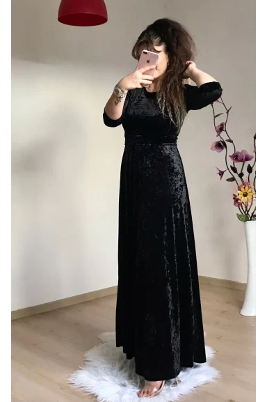 Bisiklet Yaka Kadife Elbise Siyah