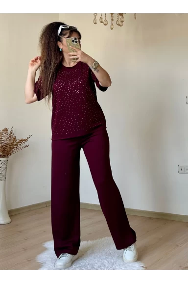 Bol Paça Taşlı Takım Bordo