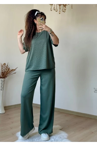 Bol Paça Taşlı Takım Haki