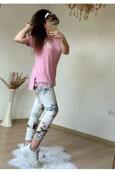 Dantel Detaylı Çiçekli Tayt Takım