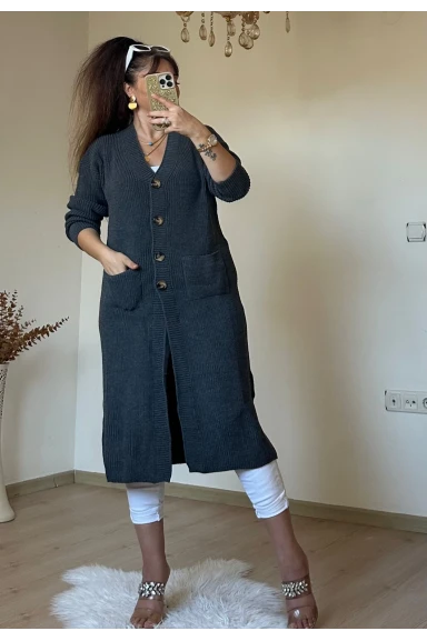 Düğmeli Uzun Hırka Füme