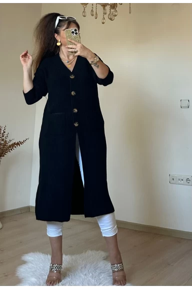 Düğmeli Uzun Hırka Siyah