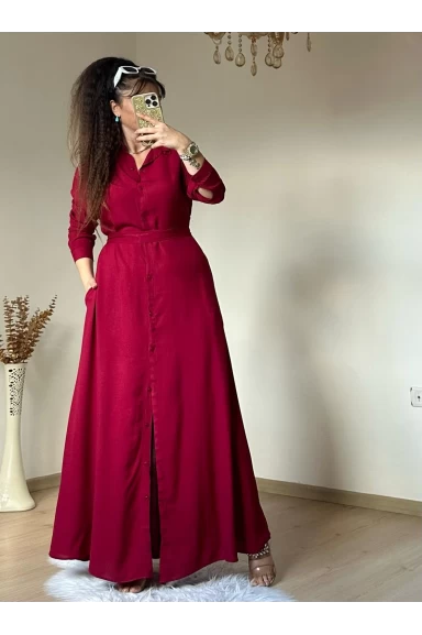Düz Cepli Gömlek Elbise Bordo