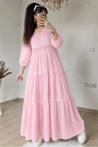 Eteği Fırfırlı Dantel Şerit Detaylı Elbise Pembe