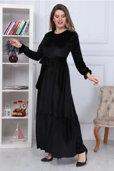 Eteği Fırfırlı Kadife Elbise Siyah