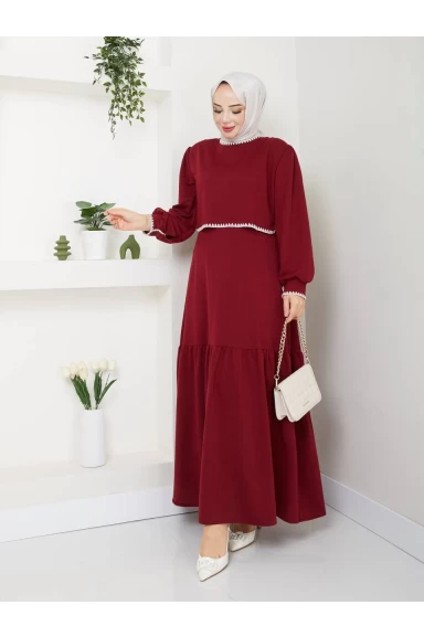 Etek Fırfırlı Elbise Bordo