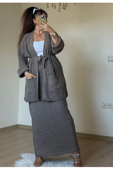 Etek Hırka Trıko Takım Kahve