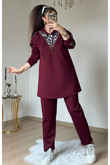 Fermuar Detaylı Leopar Takım Bordo