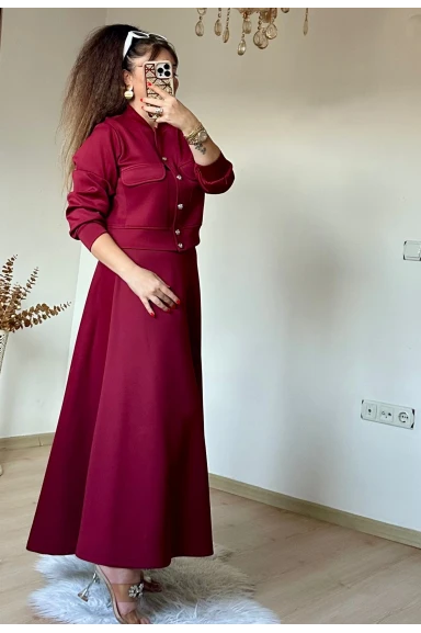 Gold Dugmelı Etek Bluz Takım Bordo