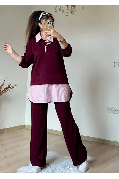 Gömlek Detaylı Takım Bordo