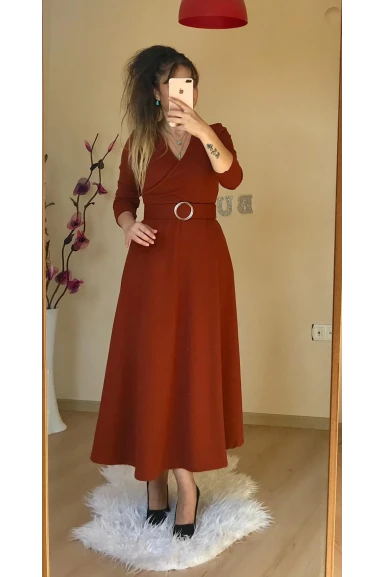 Halka Kemerli Triko Elbise - KAHVE