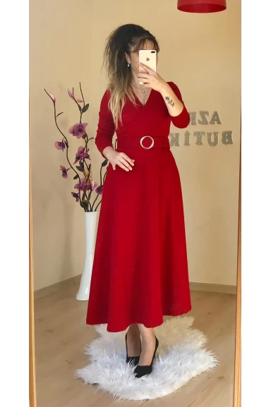 Halka Kemerli Triko Elbise - KIRMIZI