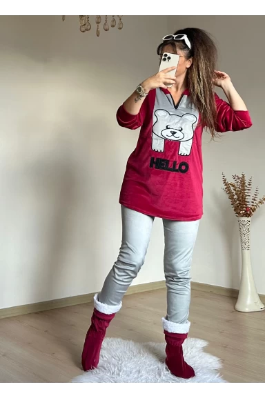 Hello Yazılı Kadife Takım Kırmızı