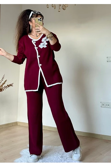 İnci Düğmeli Çiçekli Takım Bordo