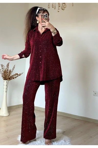 Işıltılı Gömlek Takım Bordo