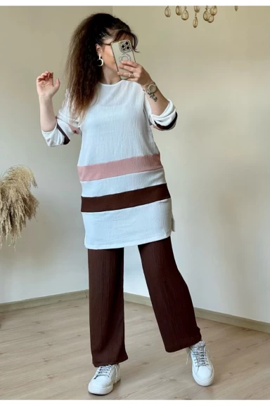 Kahve Pudra Şeritli Takım