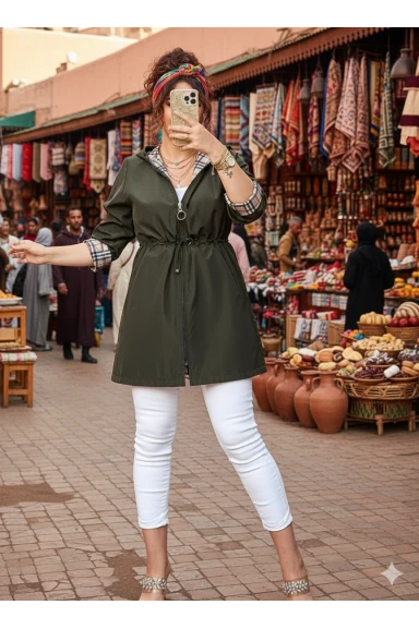 Kısa Kare Desen Trençkot Haki