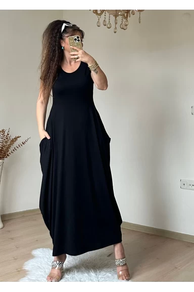Kısa Kol Cepli Şalvar Elbise Siyah
