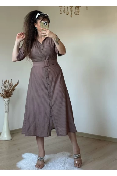 Kısa Kol Midi Boy Gömlek Elbise Kahve