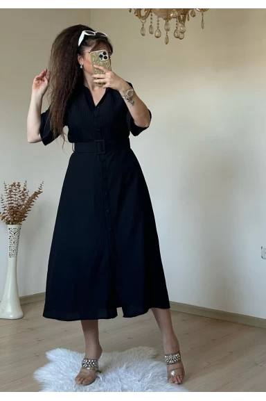 Kısa Kol Midi Boy Gömlek Elbise Siyah