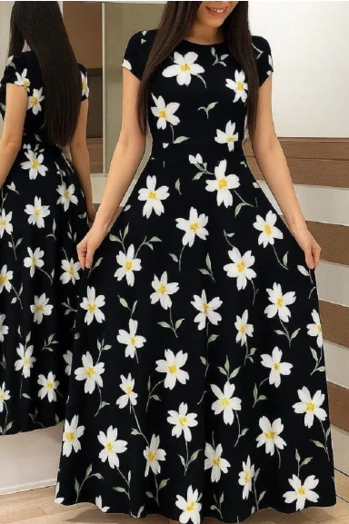 Kısa Kol Papatya Krep Elbise Siyah