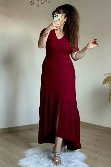 Kısa Kol Romantik Elbise Bordo
