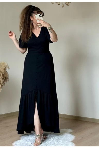 Kısa Kol Romantik Elbise Siyah