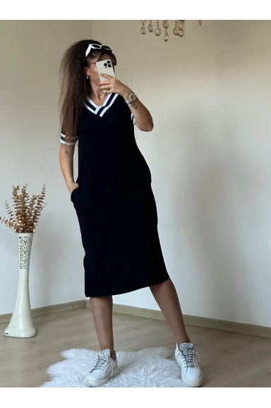 Short Sleeve V Neck Ribbed Detail Midi Dress