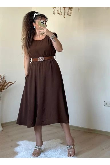 Kol Detaylı Mıdı Boy Kemerli Elbise Kahve