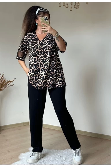 Kolları Tül Detaylı Leopar Takım