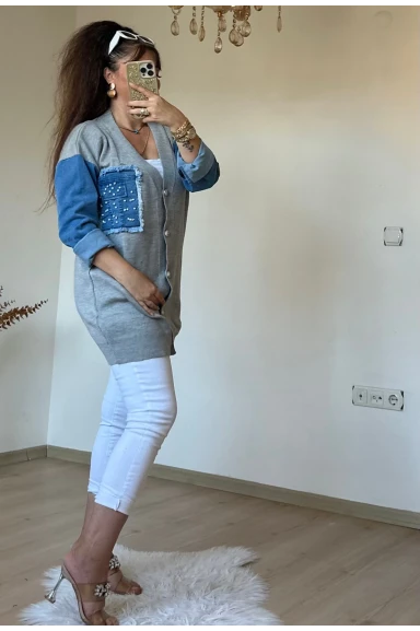 Kot Detaylı Hırka Açık Gri