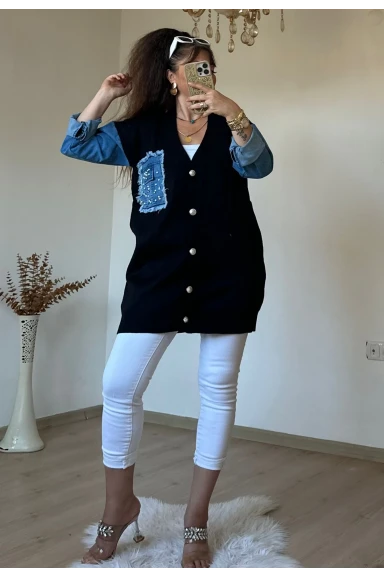 Kot Detaylı Hırka Siyah