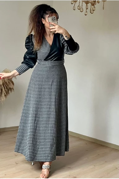 Kruvaze Yakalı Kazayağı Desen Deri Detay Ekose Elbise Gri