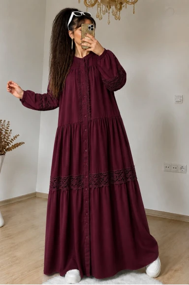 Lavinya Desen Güpür Elbise Bordo