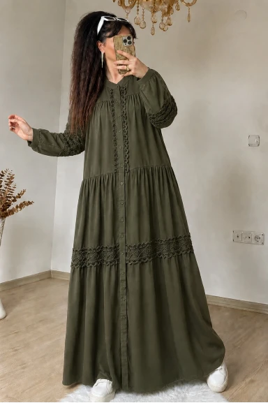 Lavinya Desen Güpür Elbise Haki