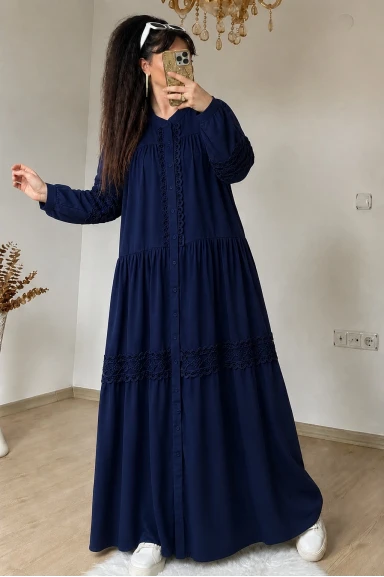 Lavinya Desen Güpür Elbise Lacivert