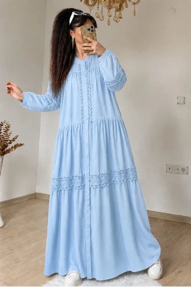 Lavinya Desen Güpür Elbise Mavi