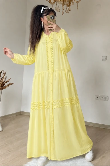 Lavinya Desen Güpür Elbise Sarı