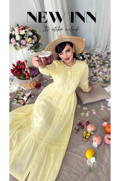 Lavinya Desen Güpür Elbise Sarı