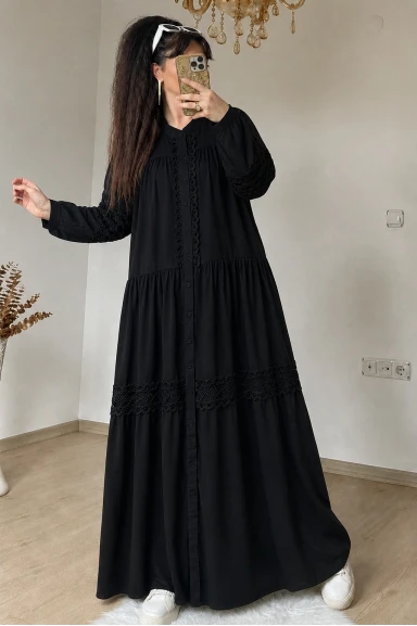 Lavinya Desen Güpür Elbise Siyah