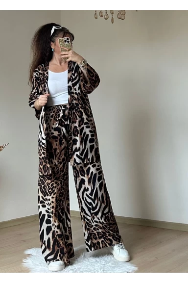 Leopar Desen Dokuma Viskon Kimono Takım