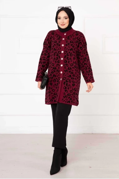 Leopar Desenli Düğmeli Hırka Bordo