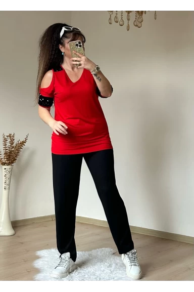 Omuz Detaylı Pullu Takım Kırmızı