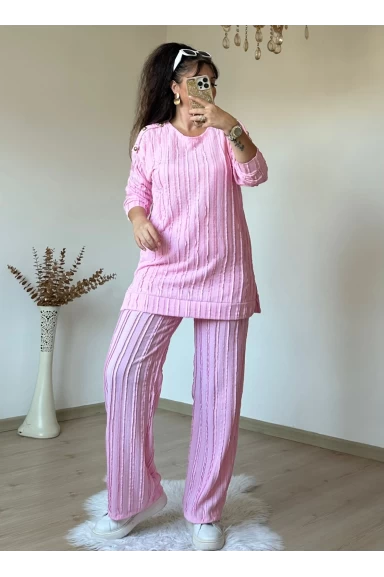 Omuz Gold Düğmeli Takım Pembe